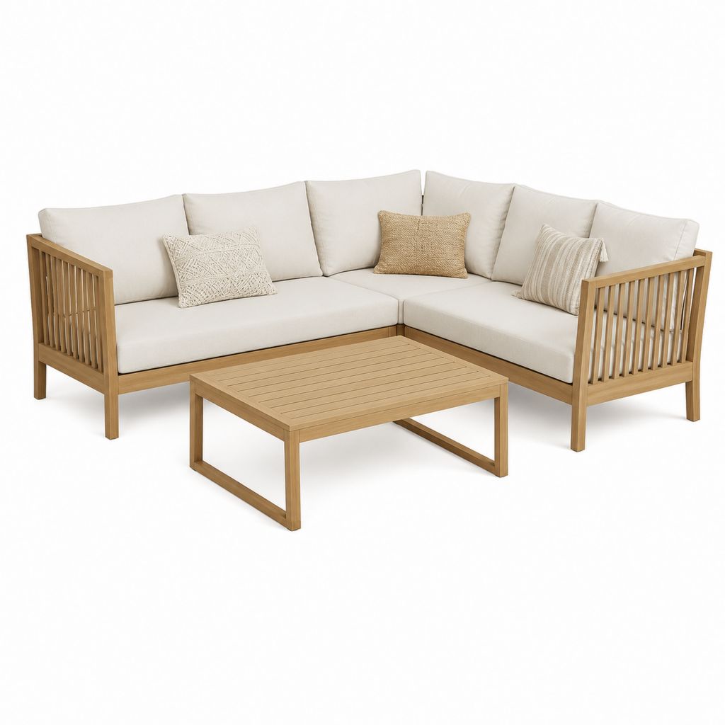 Gartenlounge Ecksofa Set Natur Akazienholz mit Creme Polyesterkissen und Couchtisch 218 x 218 cm