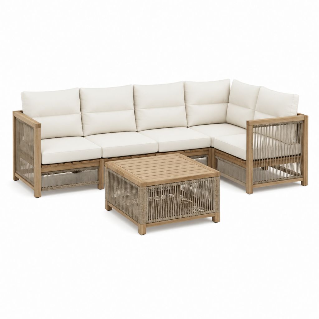 3-teiliges Gartenlounge-Set Naturweiß aus Akazien-Massivholz und PP-Seilgeflecht mit Ecksofa 250 x 190 cm