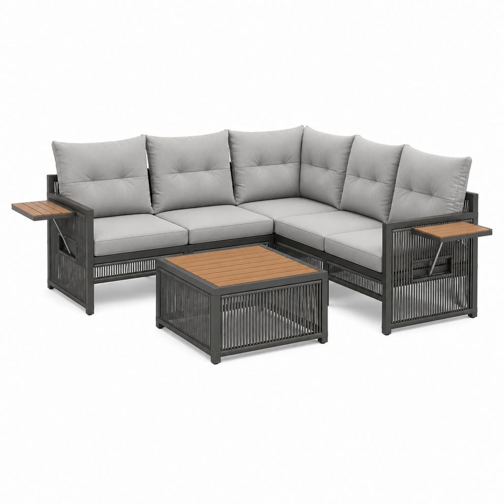 5-teiliges Gartenlounge-Set Grau mit Stahlgestell PE-Geflecht Akazienholz 210 x 210 cm