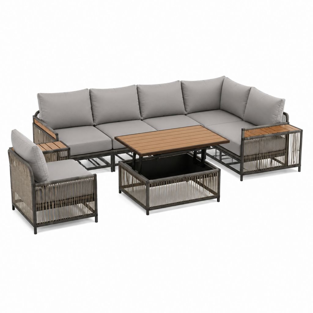 Gartenlounge Set grau aus Stahl Akazienholz und Polyester in L-Form 250 x 190 cm mit Sessel und Tisch