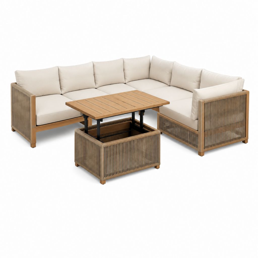 Gartenlounge Ecksofa Set Beige Akazienholz Polyester L-Form 240 x 240 cm mit Hubtisch