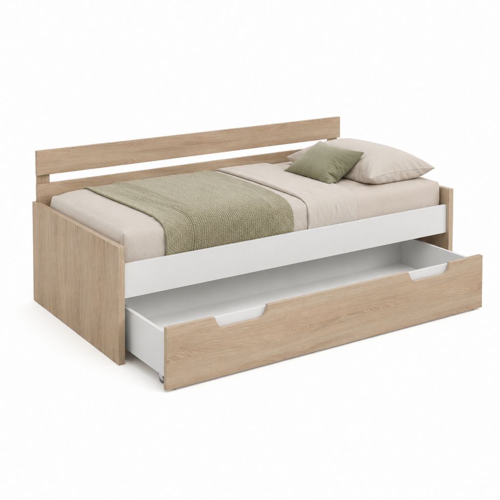 Ausziehbett mit Bettkasten Weiß Eiche Dekor Spanplatte 90 x 200 cm