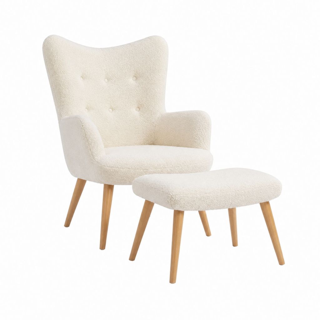 Ohrensessel mit Hocker Creme Polyester-Bouclé Massivholz 74 x 85 x 104 cm