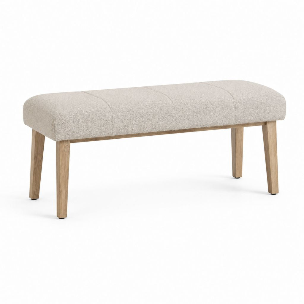 Schlafzimmerbank mit Bouclé-Polsterung in Beige und Beinen aus massivem Gummibaumholz 120 x 40 x 45 cm